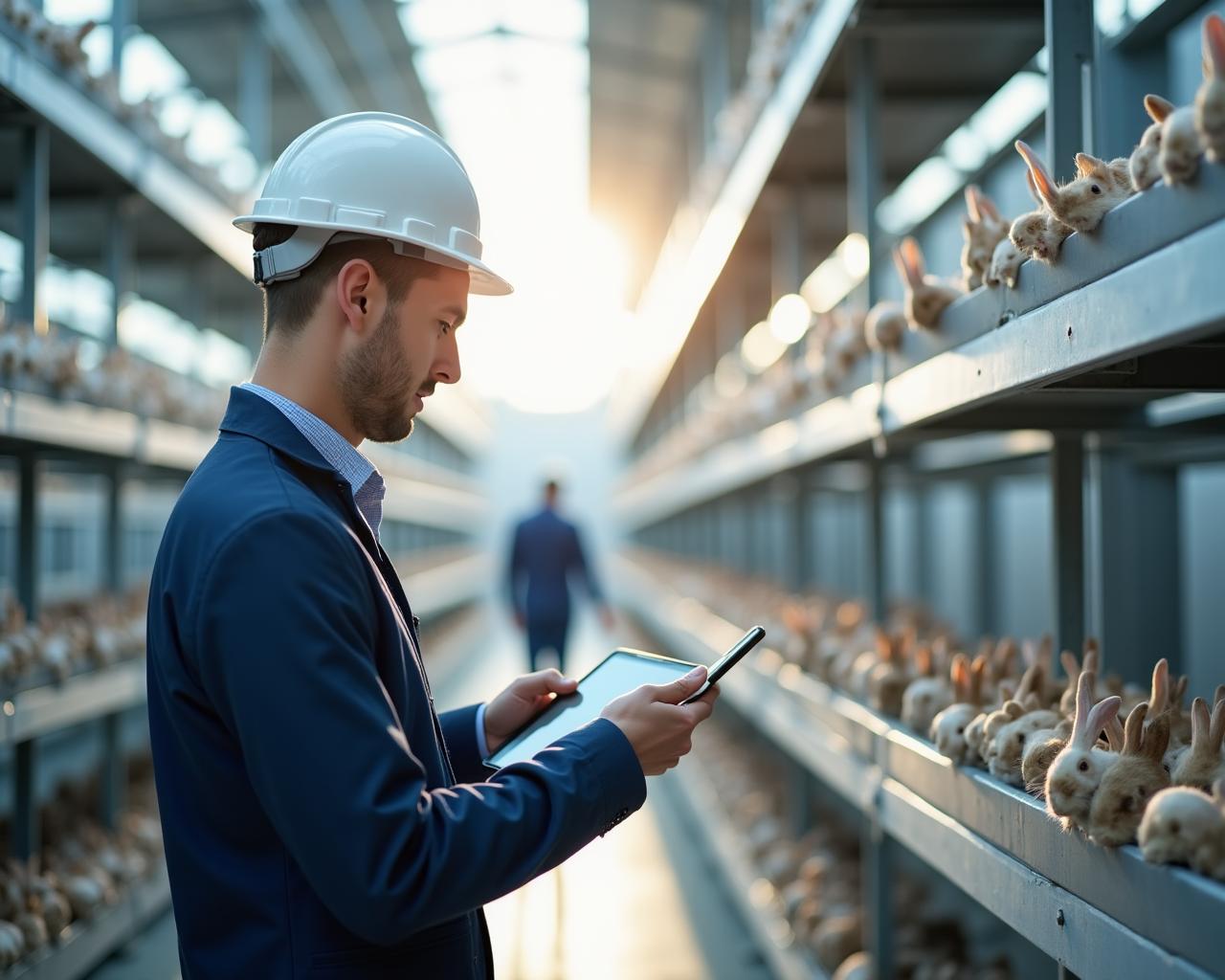Consulente tecnico in una moderna stalla di conigli